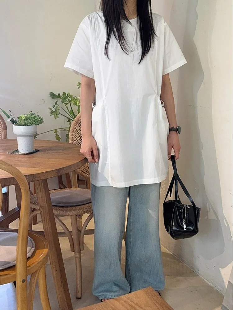 Korean Style Summer Chic Slimming Unique Design Commute round Neck Drawstring Large Pocket Loose Dress Women's Fashion
