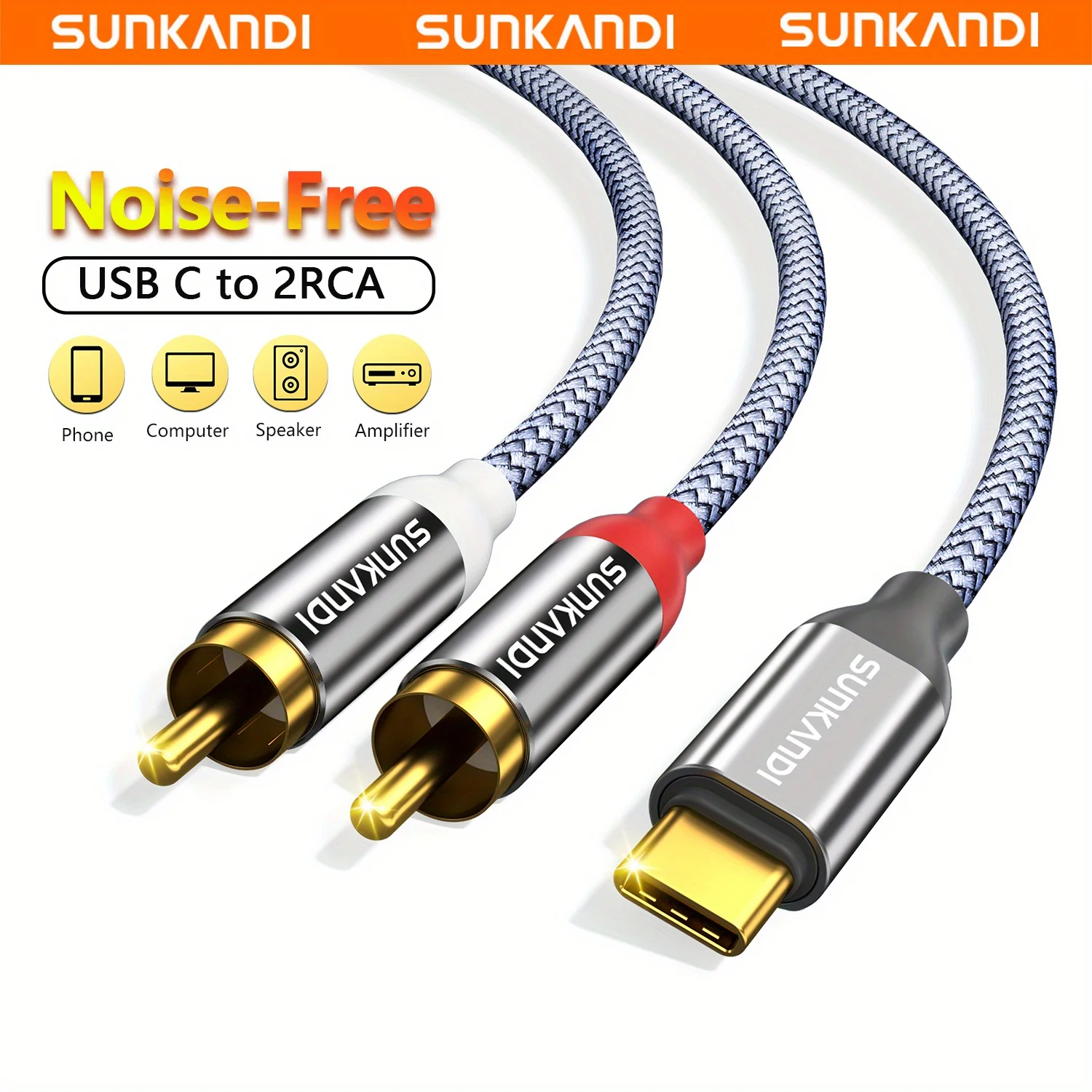 SUNKANDI RCA-Kabel, USB-C-auf-2-RCA-Audiokabel für Mobiltelefone, Tablets, Heimkino, Lautsprecher