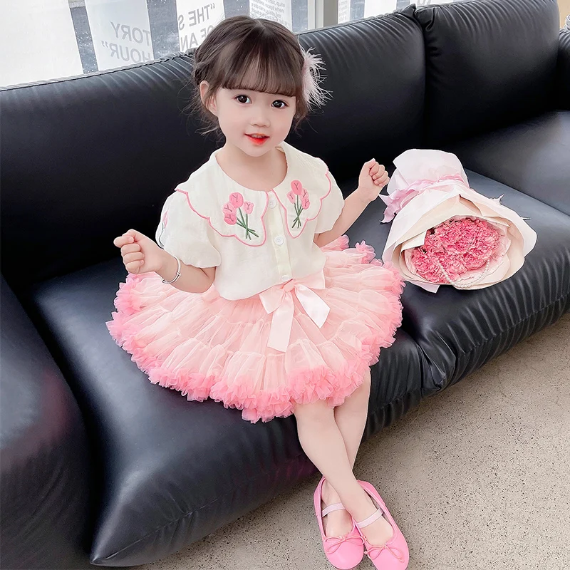 2023 Summer Baby Girls Clothing Sets Children Floral Shirt Bow TUTU Skirt Lace Princess Costumes Kids Clothes Outfits 2-8 Years