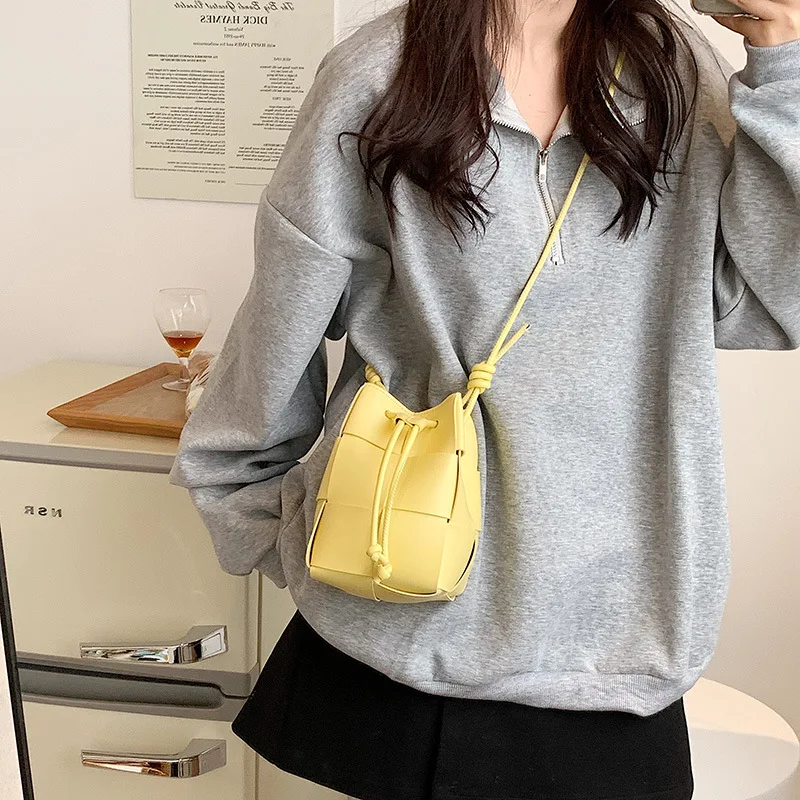 PU Hollowed Out Handbags Drawstring Fashionable Personalized Handheld One Shoulder Crossbody PU+ Canvas Bucket Bag