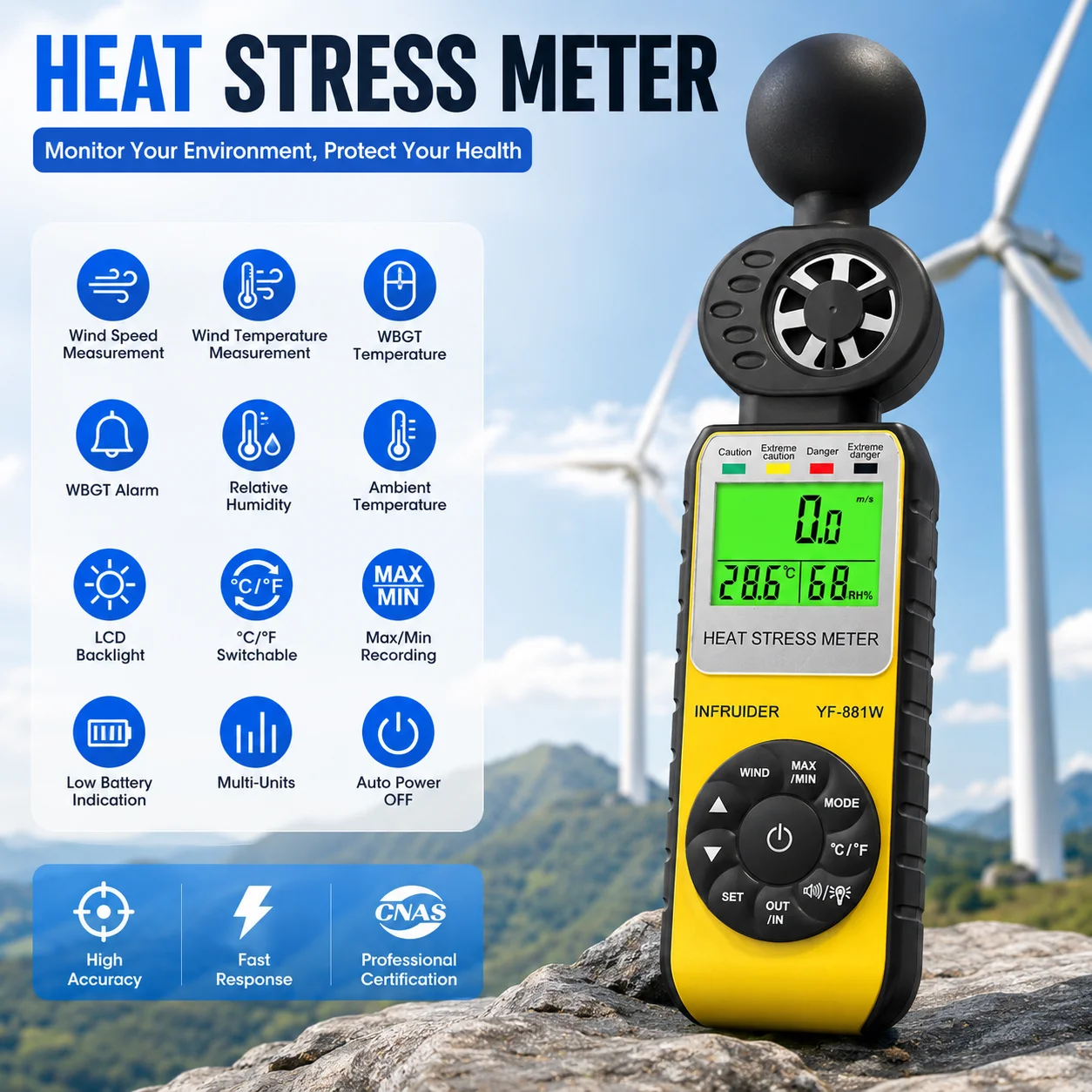 

WBGT Meter Heat Stress Monitor Heat Index Tester 3 in 1 Wind Speed Temp Humidity Alarm Indoor Outdoor for Military Factory