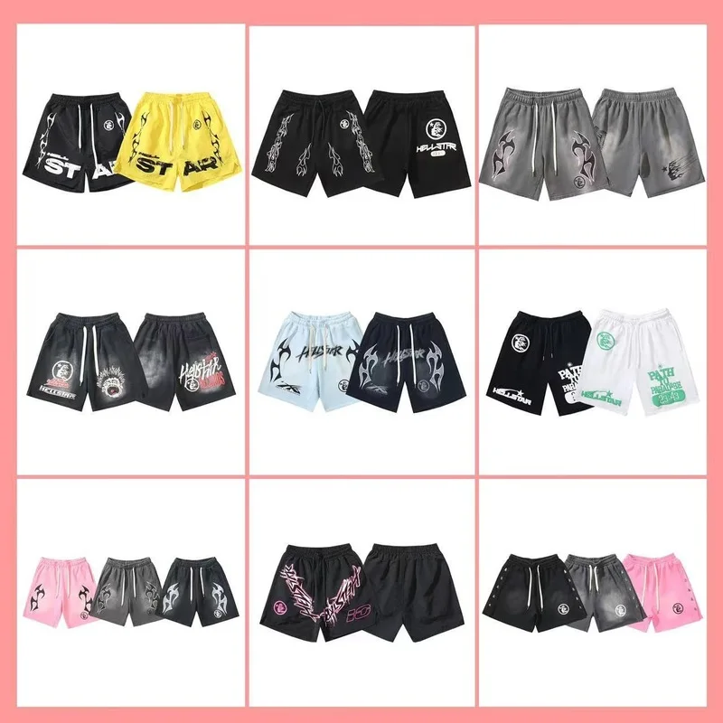QICHE European American Men Hell Star Flame Print Washed Vintage Five Points Shorts Casual Summer Street Bottoms