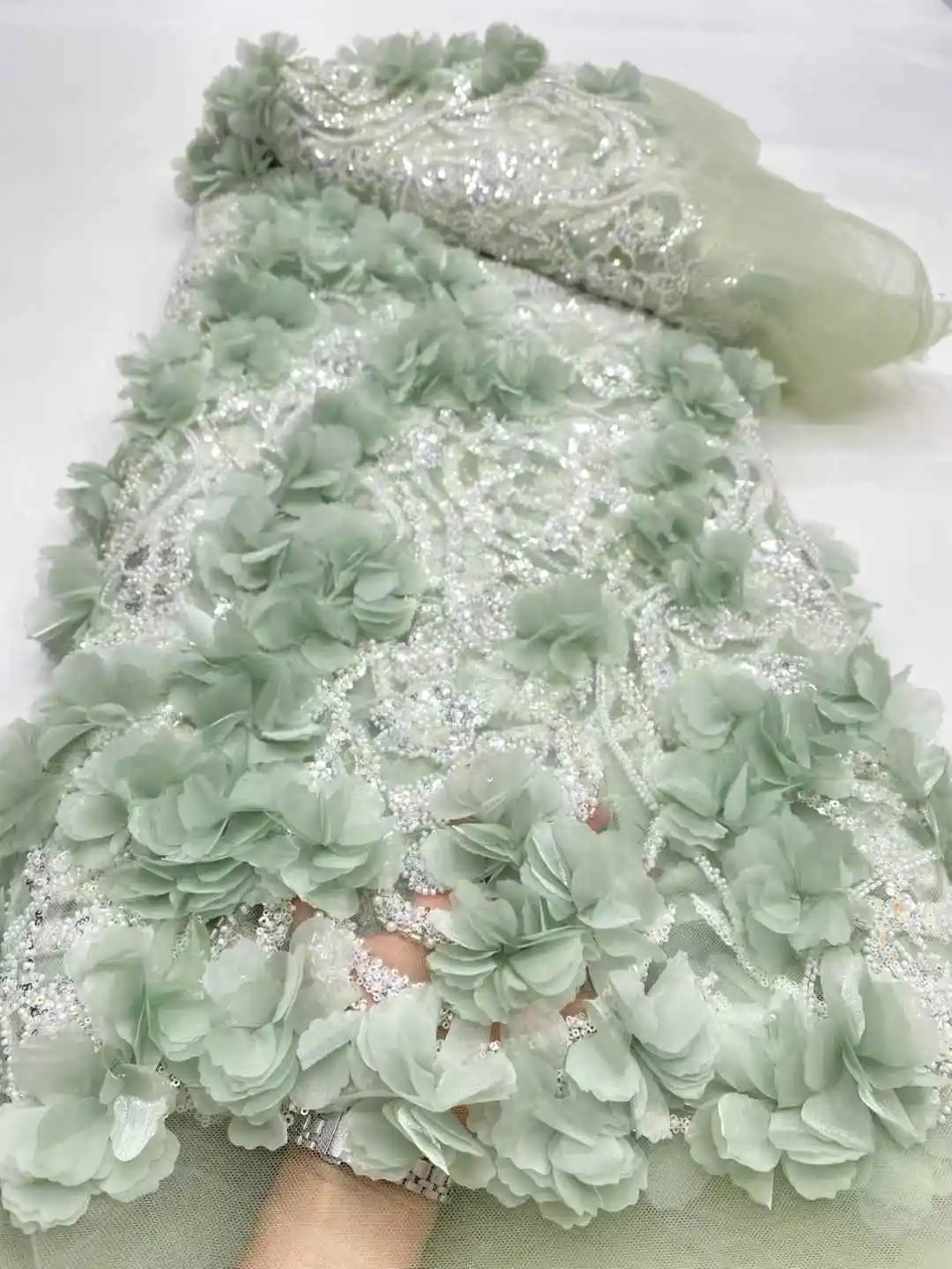 African 3D Flowers Sequins 2025 Latest Hot On Sale African French Party Lace Fabric Tulle Nigerian Lace Fabric 5 Yards For Dress