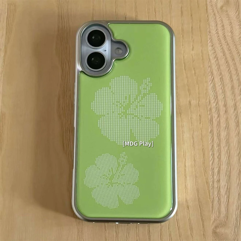 Coque de téléphone en résine électroplaquée motif floral vert coréen pour iPhone 18 Pro Max 17 Air 16 15 14 Plus 13 12 11