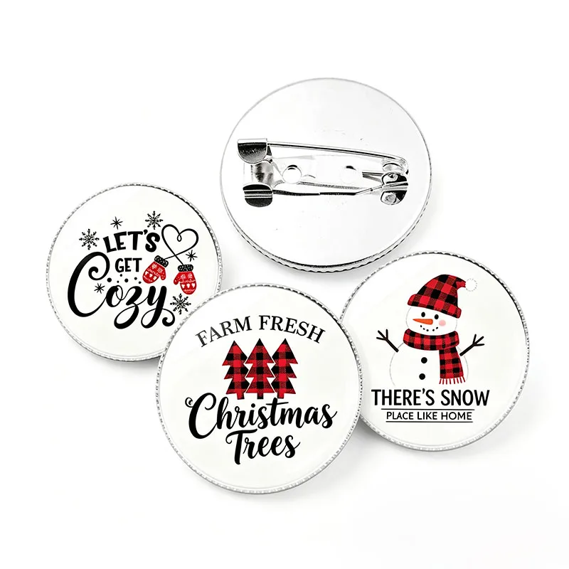 3Pcs Christmas Round Brooches for Women Buffalo Plaid Holiday Lapel Pins Xmas Tree Snowman Reindeer Badge Dress Hat Accessories