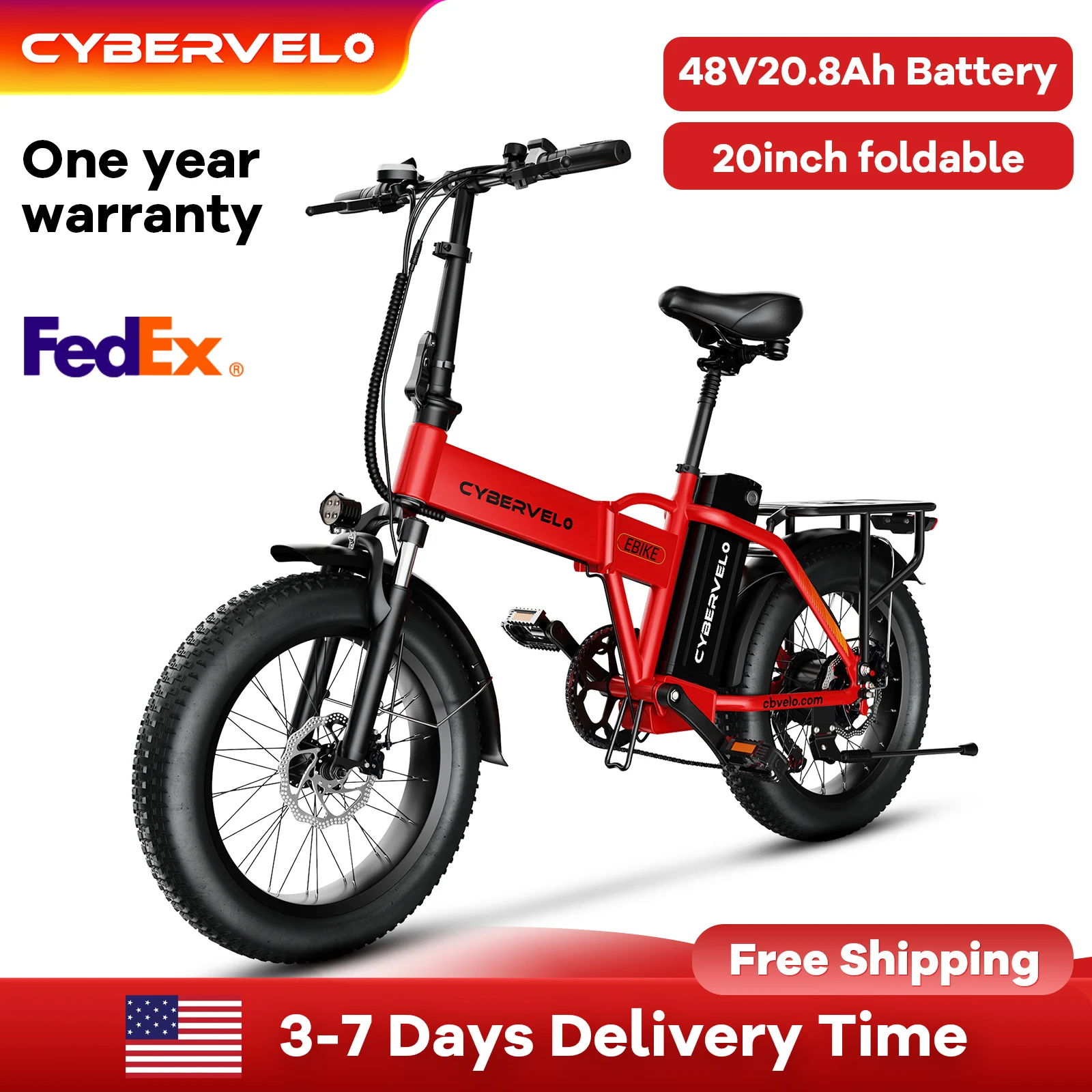 

Cybervelo EK4 Folding Electric Bike, 48V 960WH Large Removable Battery E-Bike, 30+MPH, 80 Miles Max Range, 20" FatTire for Adult
