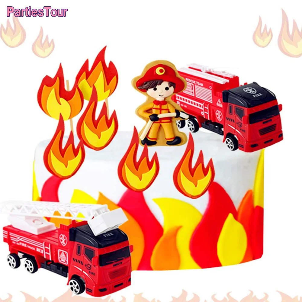 Fireman Cake Topper Cupcake Toppers Fire Hydrant Truck Firefighter Helmet Theme for Kids Boy Girl Happy Birthday Cake Decoration