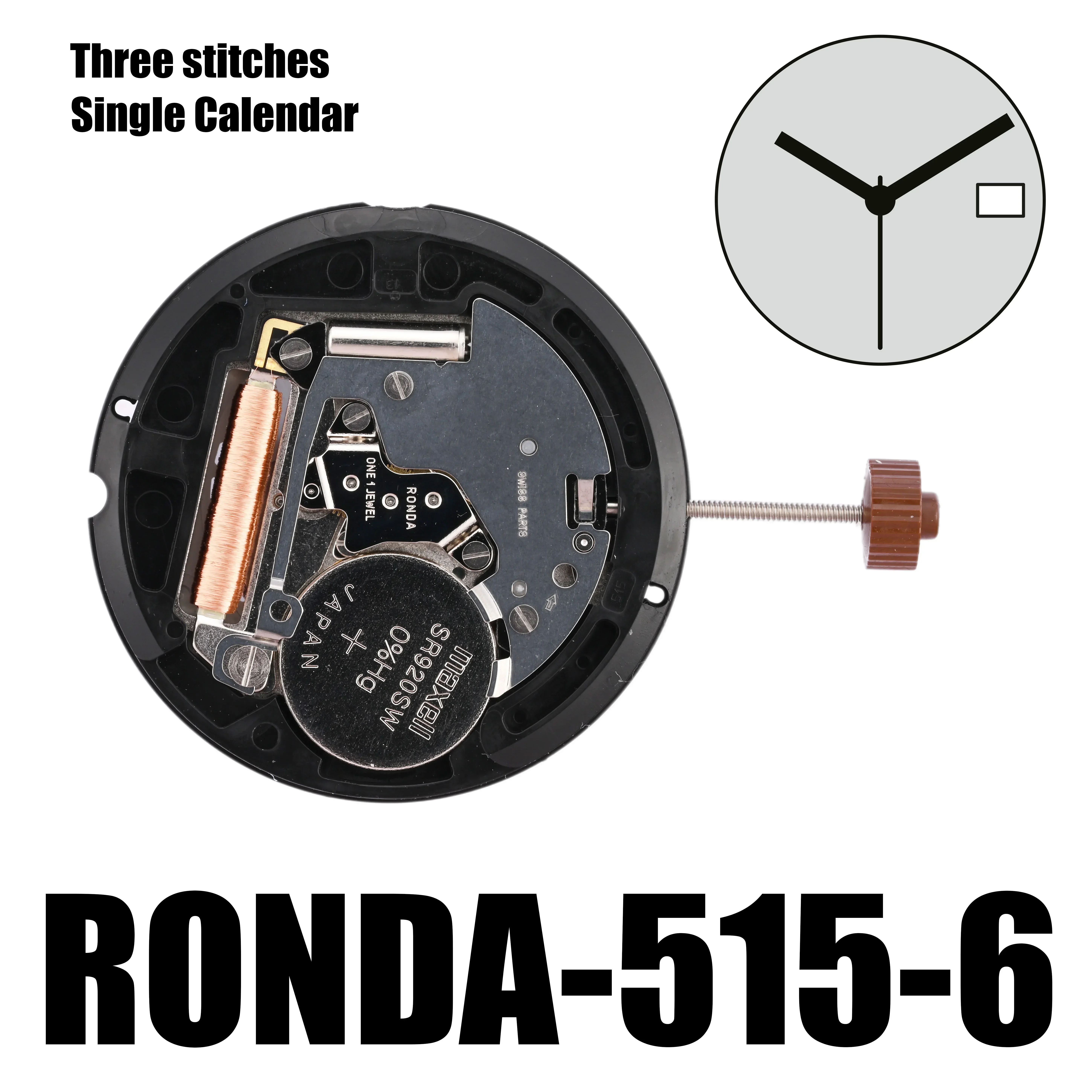 Ronda 515 Quartz Movement 515 Movement Battery 371 Renata with Datewheel 1 Jewels Brand Mechanism for Wristwatch Replace