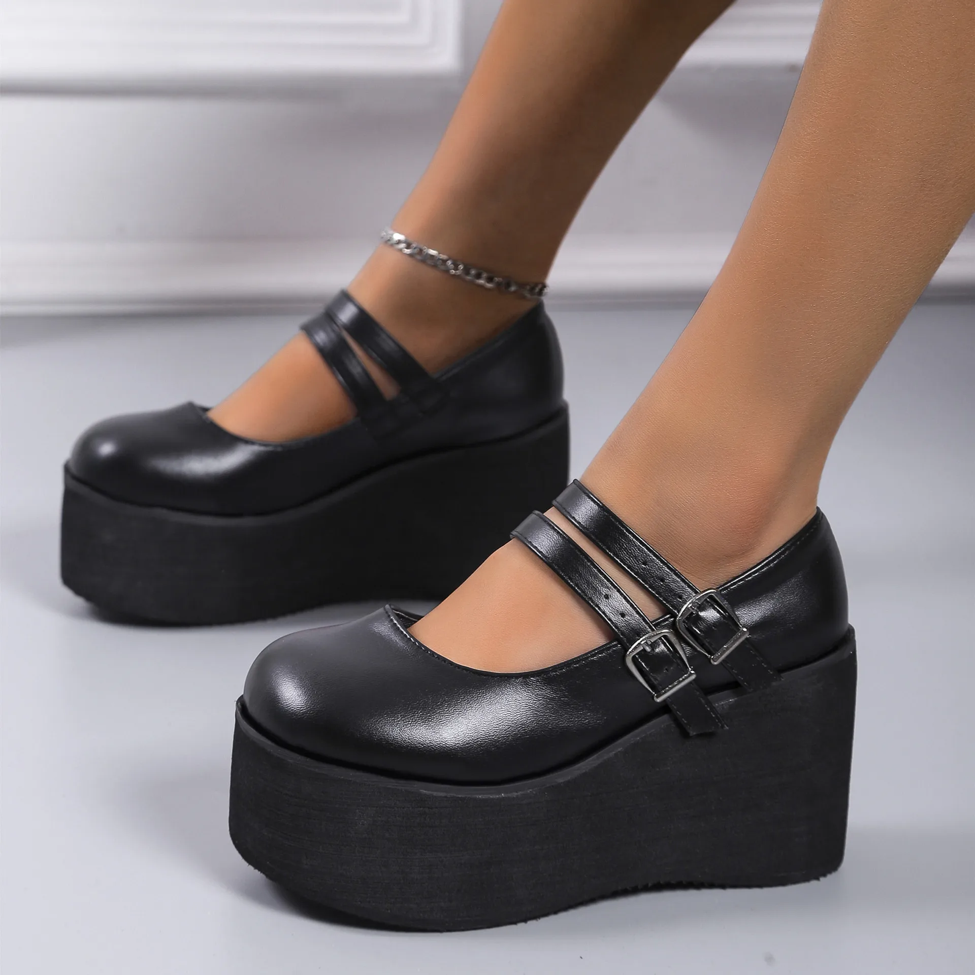 Large Lolita muffin shoes Thick sole single shoes Women\'s high heels British retro small leather shoes soft girls slope heels