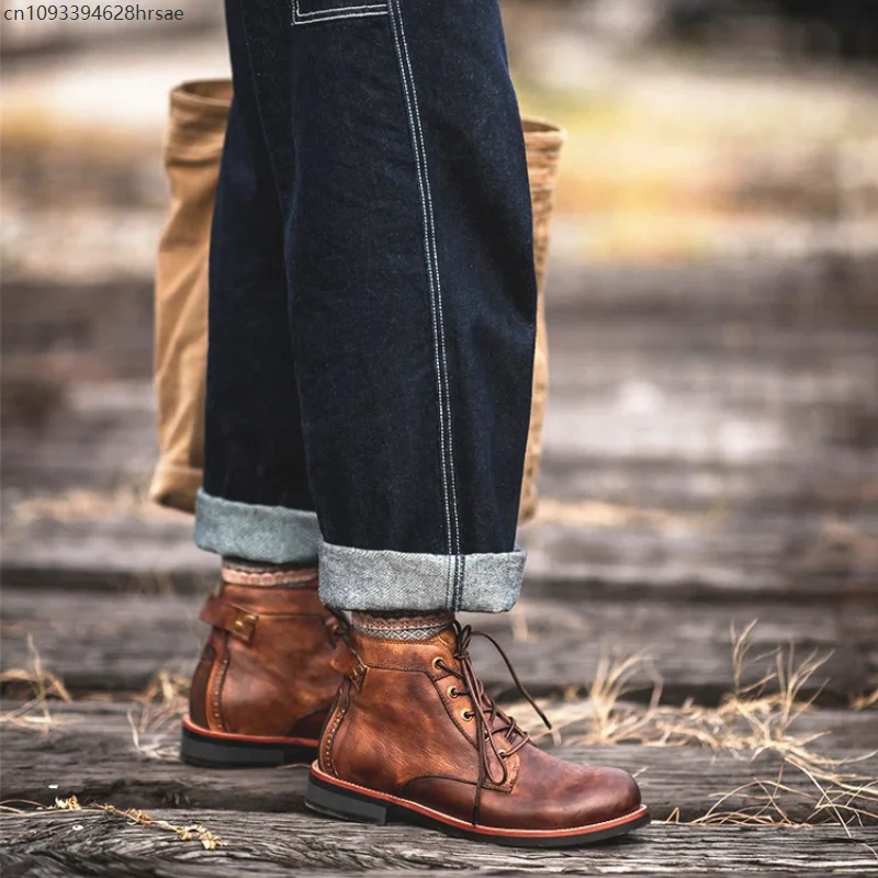 

Men Retro Round Toe Ankle Boots Autumn Winter Punk Street Style Motorcycle Footwear Chunky Botines Cosplay Lace Up Shoes