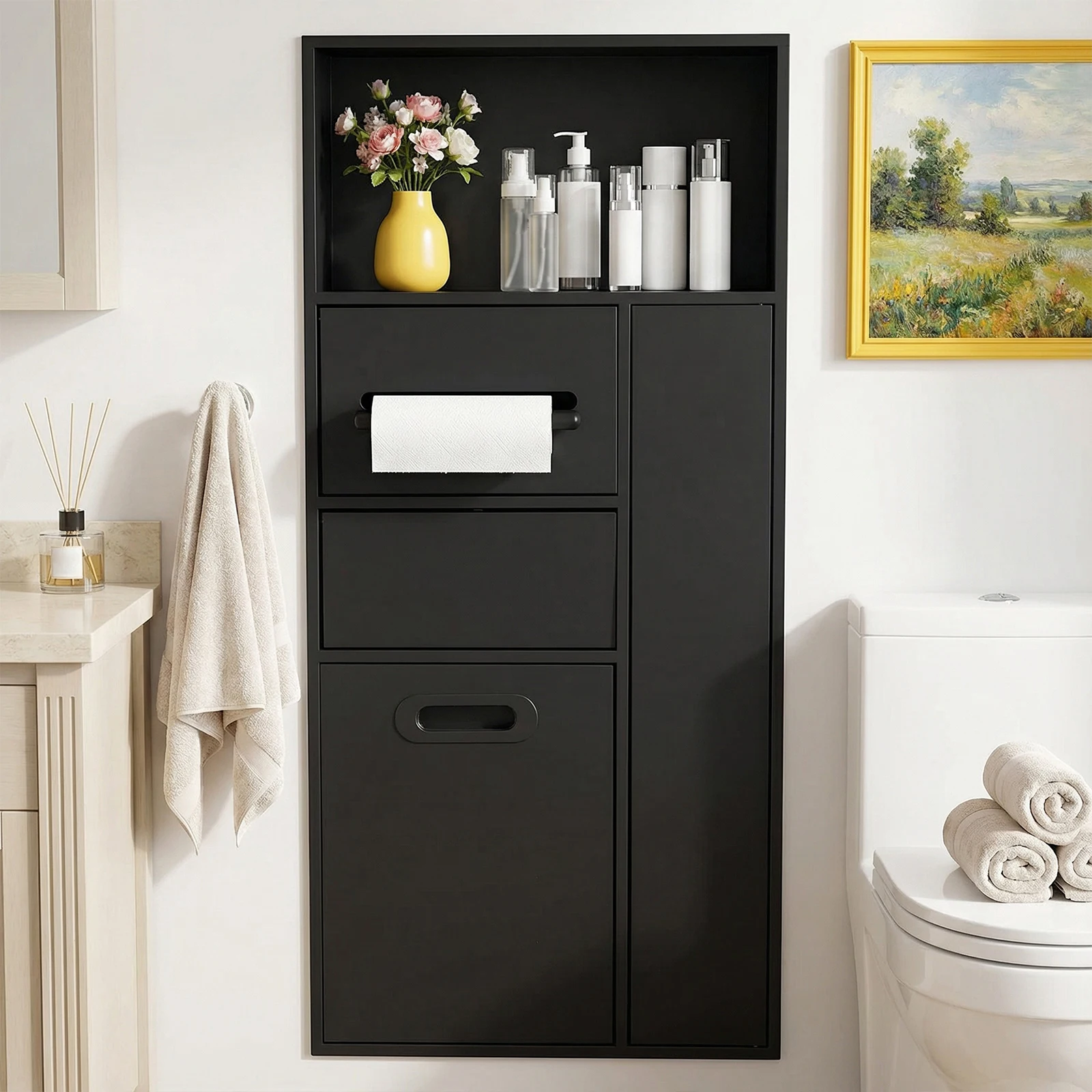 

Шкаф для хранения из нержавеющей стали с мусорным ведром и держателем для бумаг, стальная ниша для душа с выдвижным механизмом, водонепроницаемая, для ванной/кухни/отеля