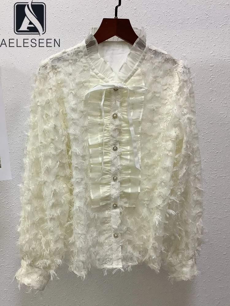 AELESEEN Designer Fashion Beige Blouse Women Spring Autumn Bow Ruffles Luxury Feathers Lace Patchwork Elegant Female Shirt