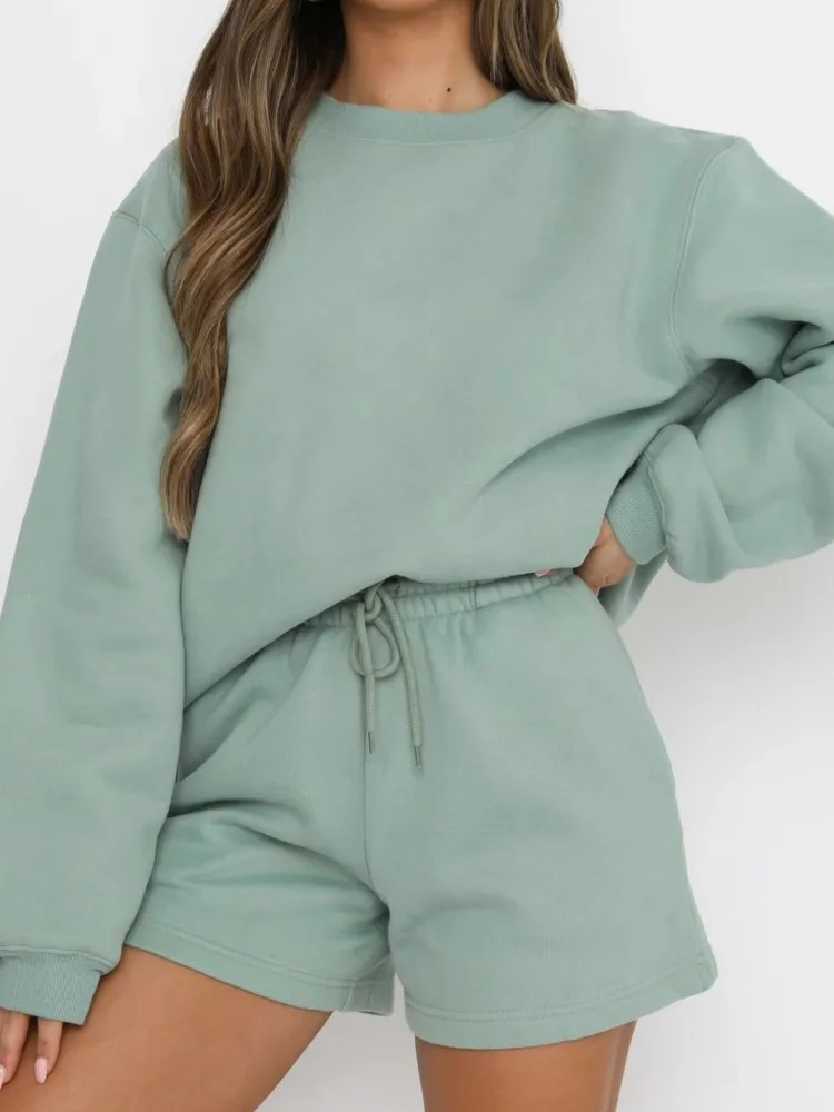 

Women's Casual Sports Set Fashion O Neck Long Sleeve Pullover Tops+Shorts 2 Piece Sets For Women Spring Autumn Womens Clothing