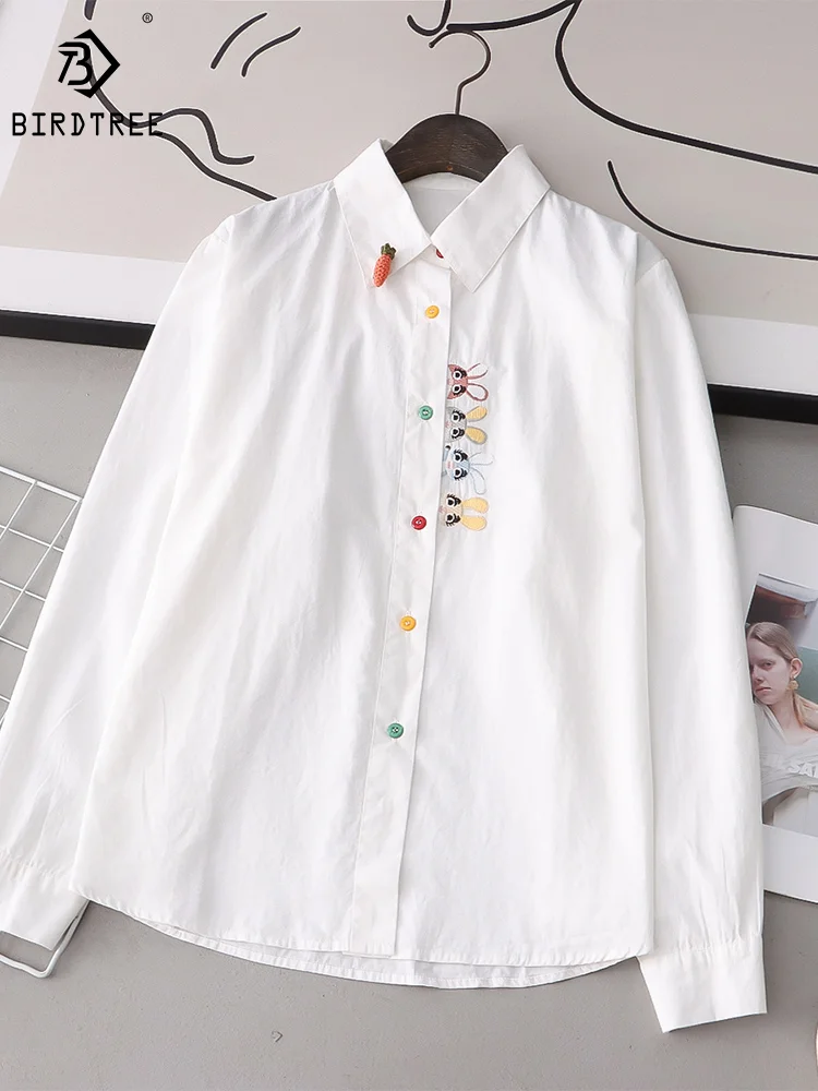 New Spring Cotton White Shirts Female Cute Embroidery Rabbit Tops Turn Down Collar Button Long Sleeve Straight Blouse T35438M