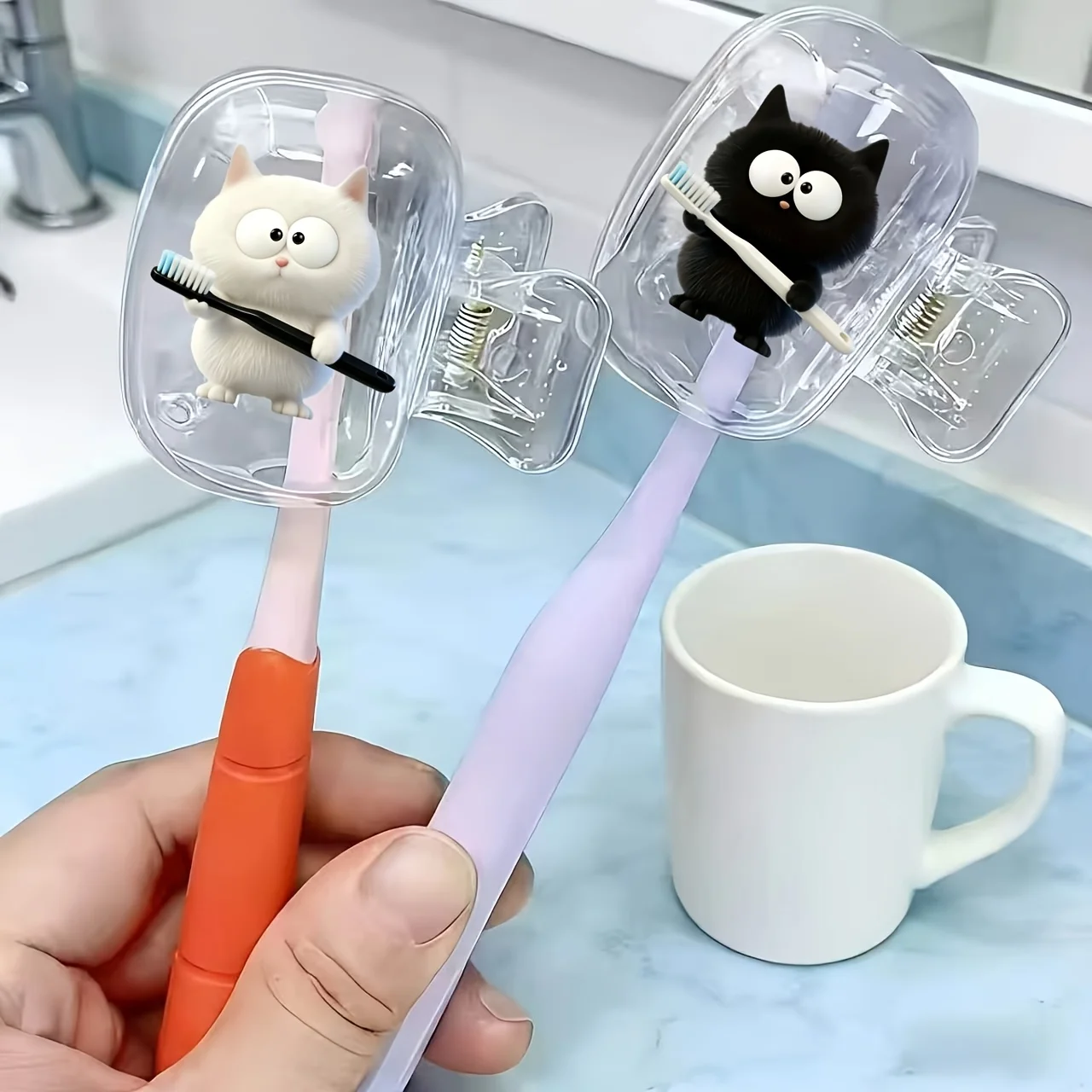 2pcs White Kitten And Black Kitten Portable Toothbrush Clip Protective Cover  Bathroom Accessory for Home and Business Travel