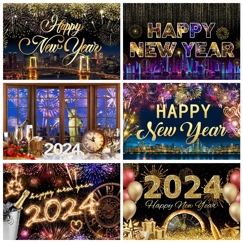 Clock Countdown Backdrop Glitter Bokeh Champagne Wine Fireworks Photography Background New Year Eve Party Decor Banner Props