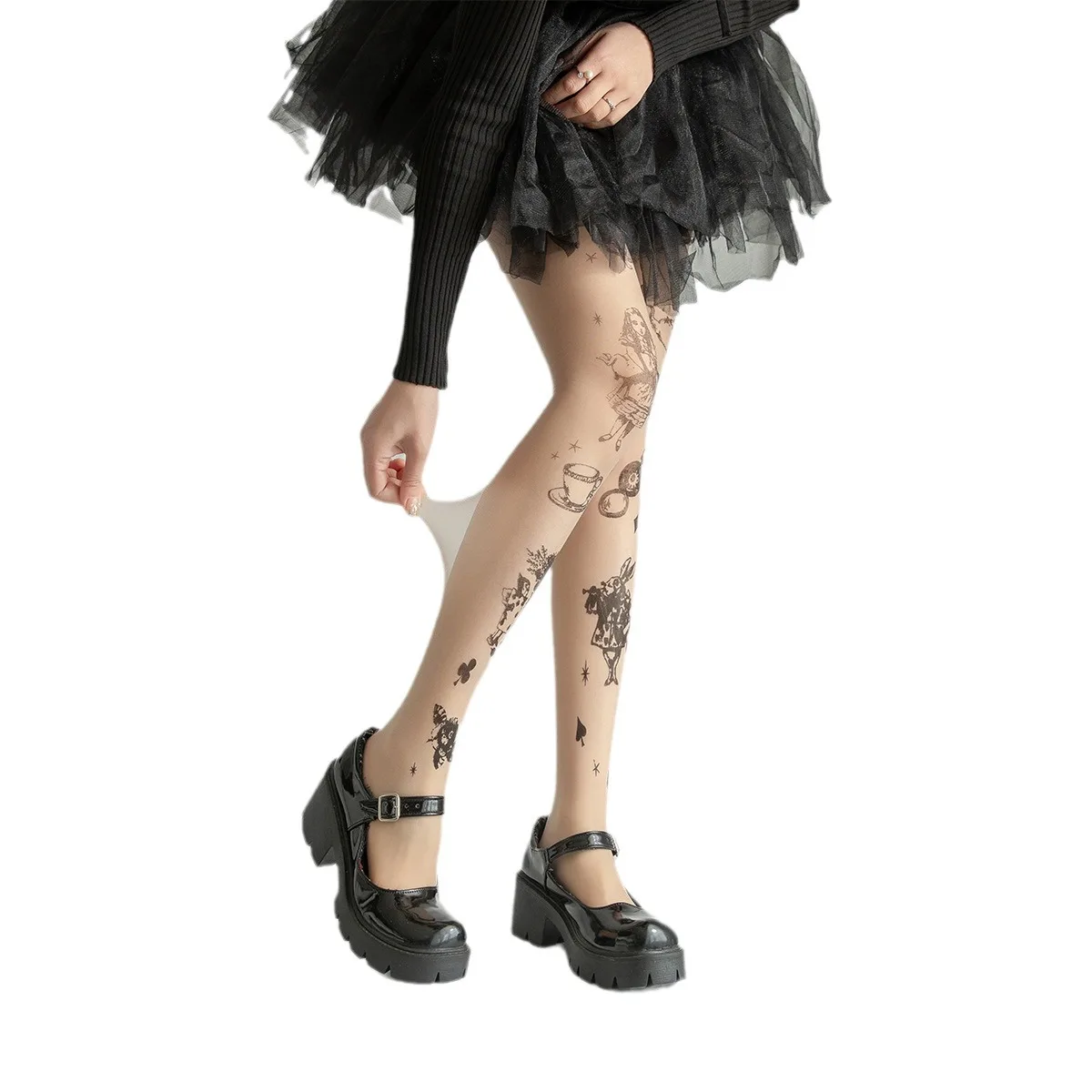 

Lolita Gothic Tattoo Tights Woman Skin Tone and Black Medias Socks Transparent Thin Y2K Pantyhose Party Club Stockings.