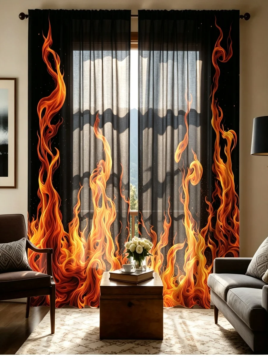 2PCS Vivid Flame Print Curtains, Orange Red Fire Pattern Blackout Window Drapes for Bedroom Living Room Modern Home Decor