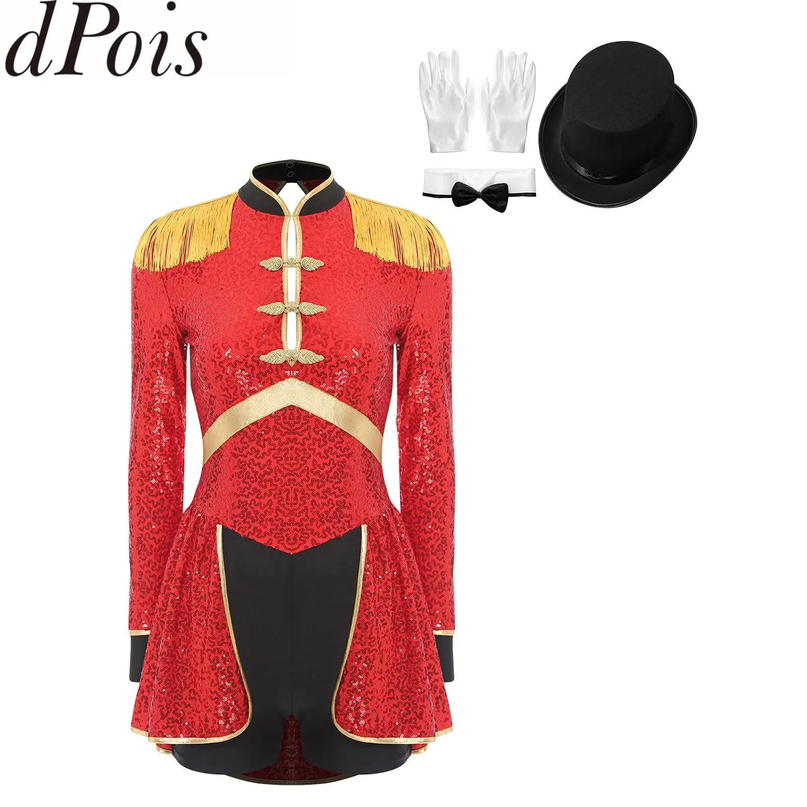 Women Halloween Cosplay Circus Ringmaster Costume Sequin Magician Bodysuit And Top Hat Fake Collar Gloves Master Lion Tamer Suit