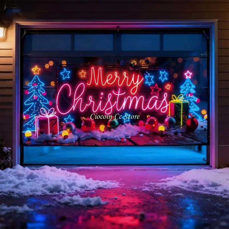 

X90F UVlight Activated Christmas Garage Door Cover Standard, Glows in Dark 2D Flat Holiday Garage Door Covers with Cartoon Party