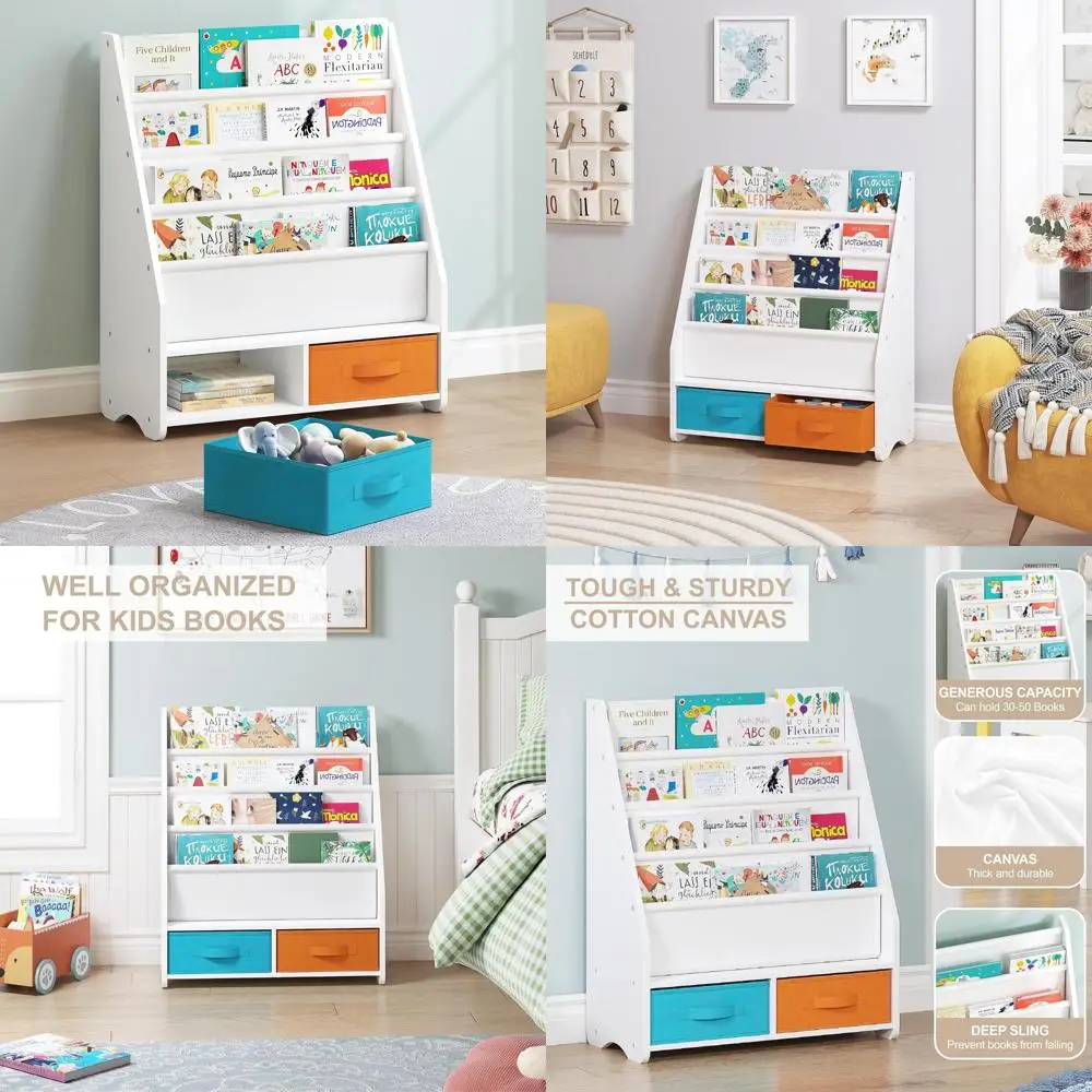 

Children's 4-Tier Sling Bookshelf with Storage Bins for Nursery, Living Room, and Bedroom, Ideal for Toddlers' Reading Spaces