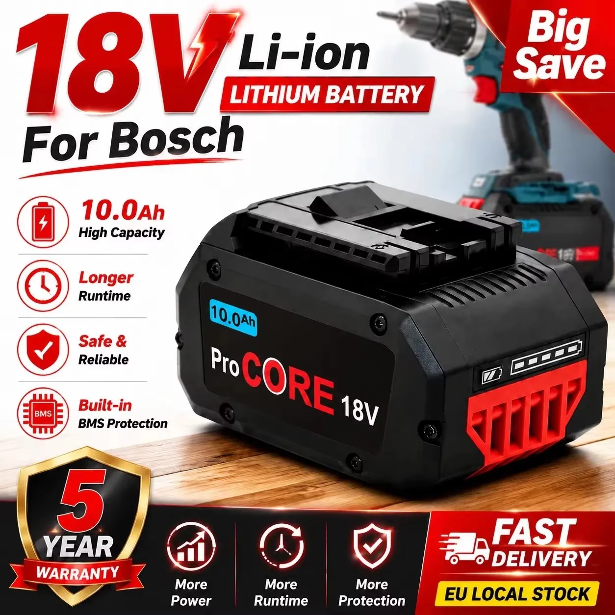 21700 Lithium-Ionen-Werkzeugakku-Ersatz, 10,0 Ah, geeignet für Bosch Professional 18V ProCORE System BAT609, BAT618, GBA18V8