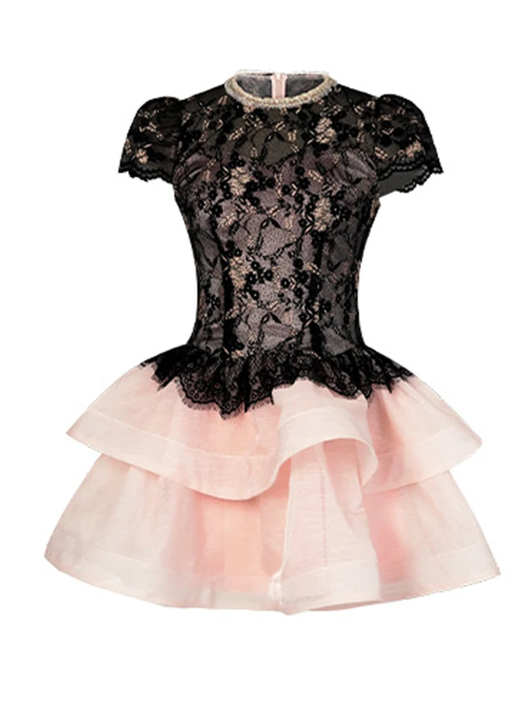 Women's Vintage French Cake Dress Exquisite Socialite Black Pink Patchwork Lace Hook Flower Hollow Ruffles Gown Party Vestidos