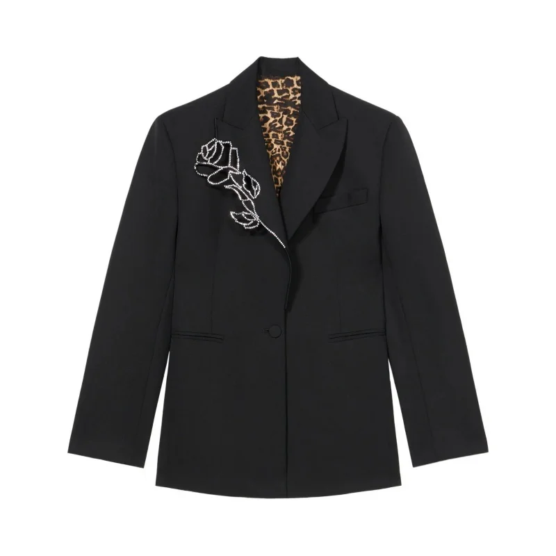 2025 autumn new women's lapel diamond flower decoration black suit jacket high-quality y2k fashionable commuting straight jacket