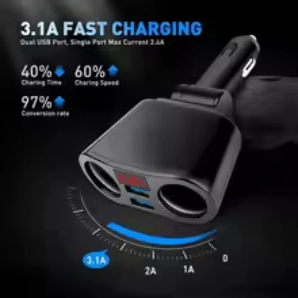 Car Cigarette Lighter USB Splitter Plug Converter Dual-port USB Charger Adapter Car Accessories Fast Charging Phone Charger