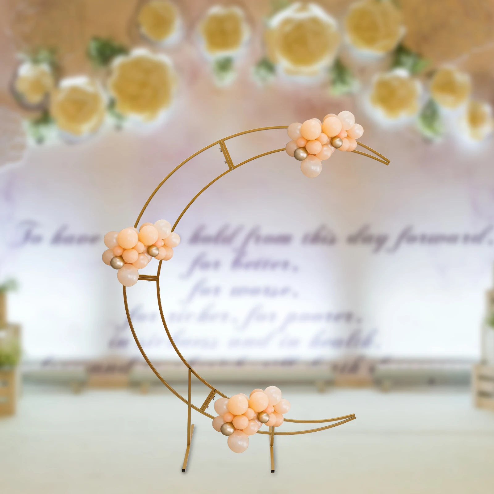 

7FT Gold Crescent Moon Wedding Arch Stand, 16mm Steel Curved Frame for Floral Balloon Decor, 5kg Capacity, Easy Assembly W/ Base