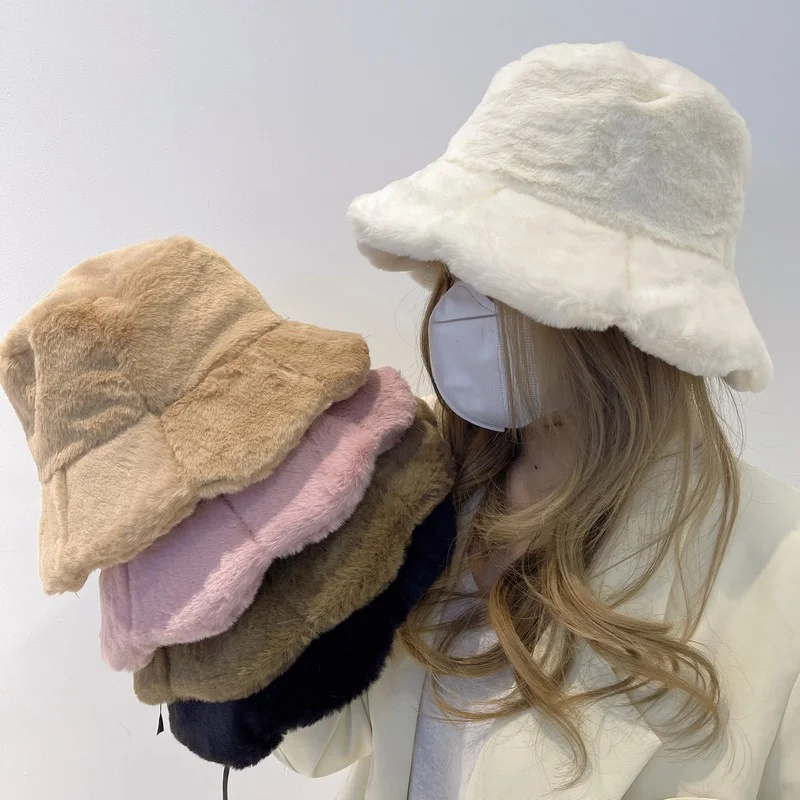 Soft Fluffy Ruffle Bucket Hat Plush Lotus Leaf Winter Warm Fisherman Hat Women Girls Winter Trend Outdoor Panama Casual Cap Hats