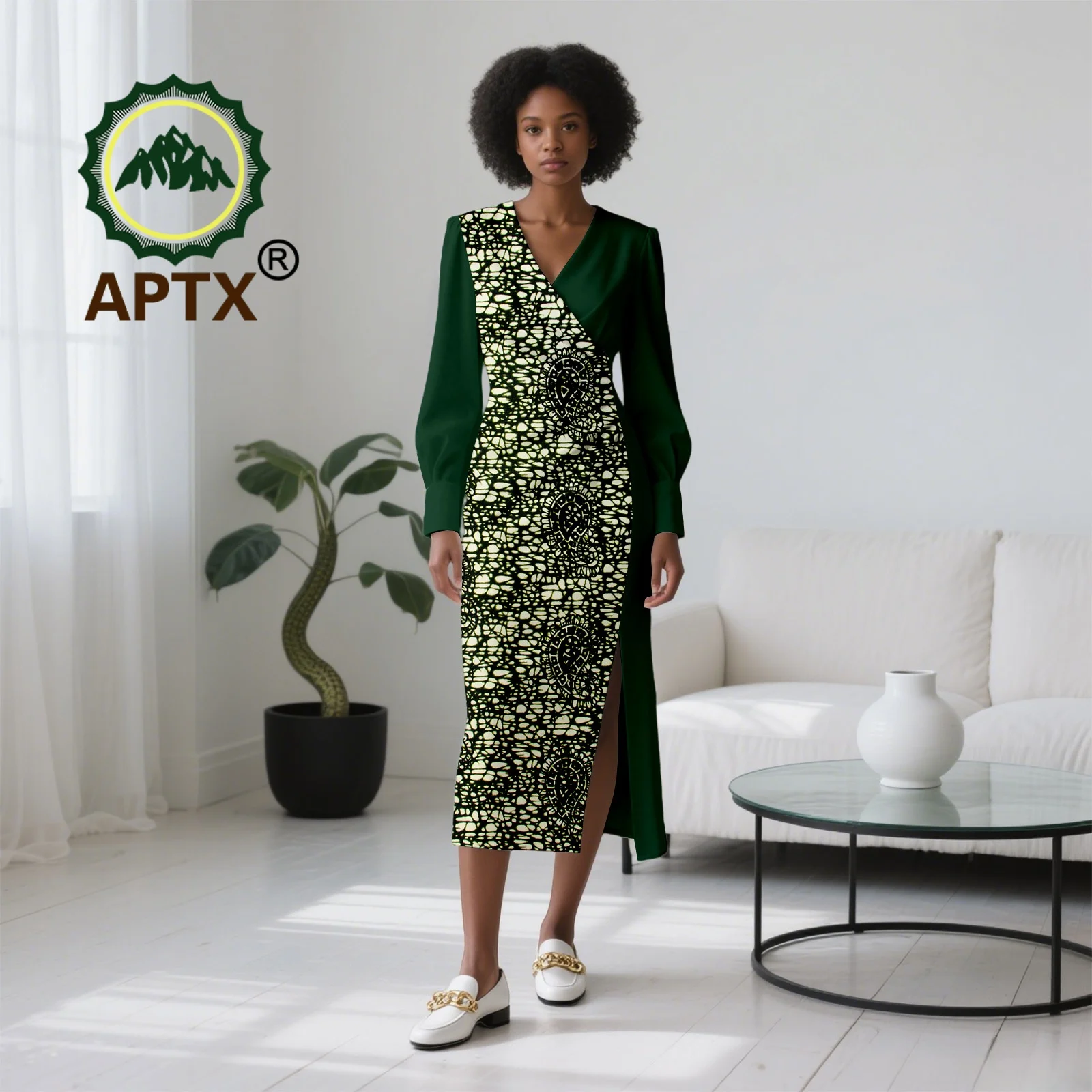 

Африканское платье для женщин, принт Анкары, v-образный вырез, длинный рукав, рукав-фонарик, лоскутное платье до середины икры, Дашики, повседневное вечернее платье