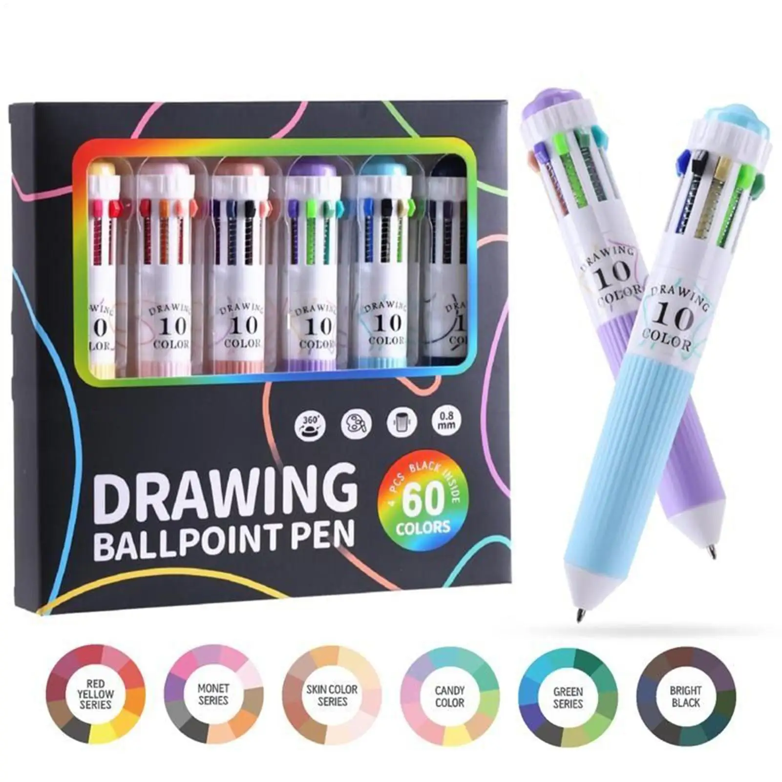 Juego de 10 Bolígrafos Retráctiles de 60 Colores, Bolígrafos de Punta Fina para Escritura Suave, para Estudiantes, Diario, Material Escolar