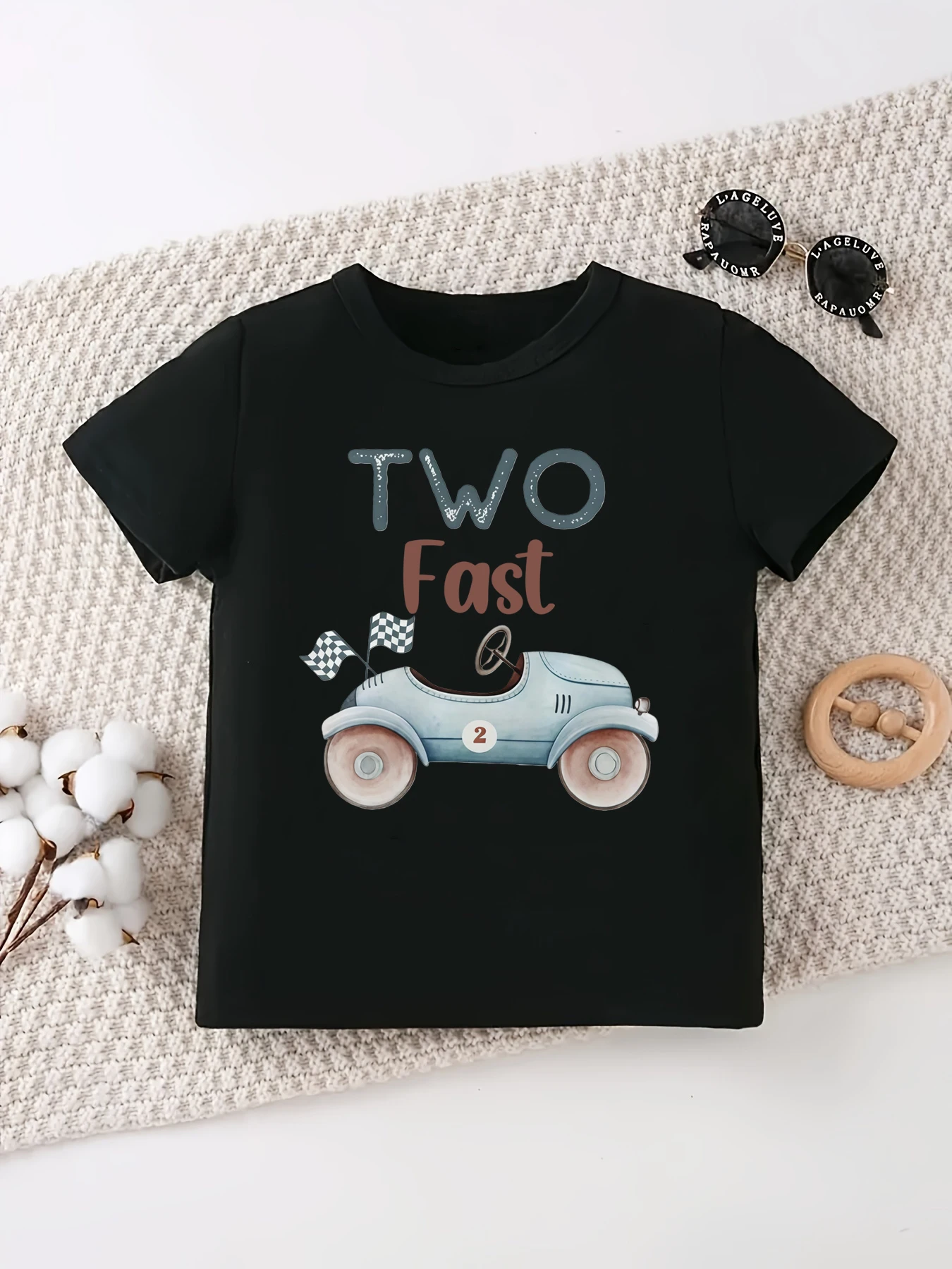 

Two Fast Racing Flags Graphic Printed T Shirt Girls/Boys 2nd Birthday Gift Shirt Kawaii Kids Clothes Funny Toddler Shirt