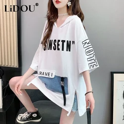 Summer New Harajuku Y2K Hooded Houlder Sleeve V-neck T-Shirts Women Fashion Letter Printing Pullovers Ladies Loose Casual Tops