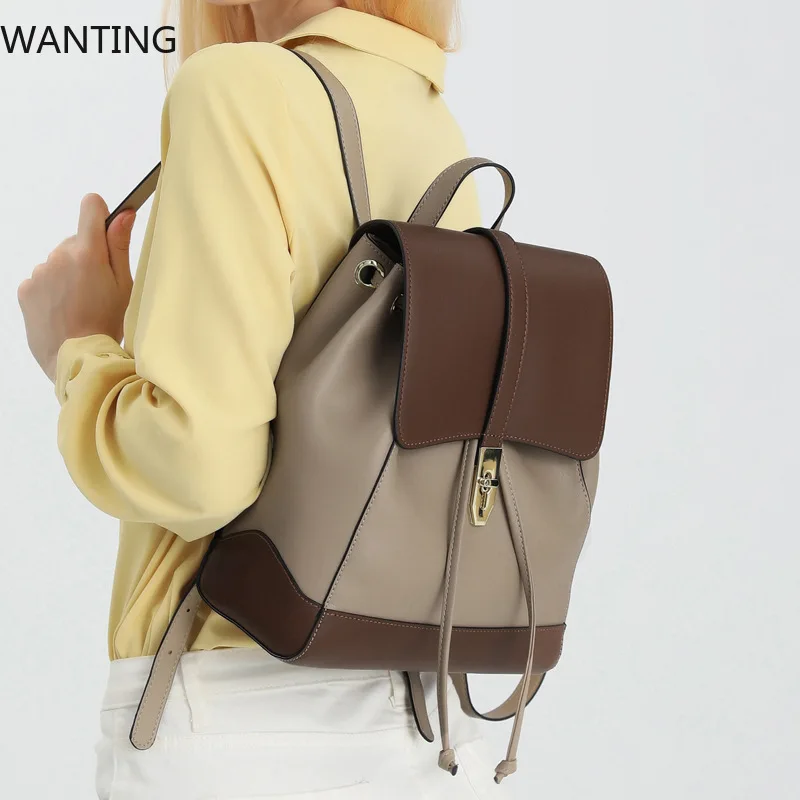 

2025 New Woman Backpack Fashion Cowhide Double Splicing Color Girls Back To School Bag Large Capacity Women's Bags 6672