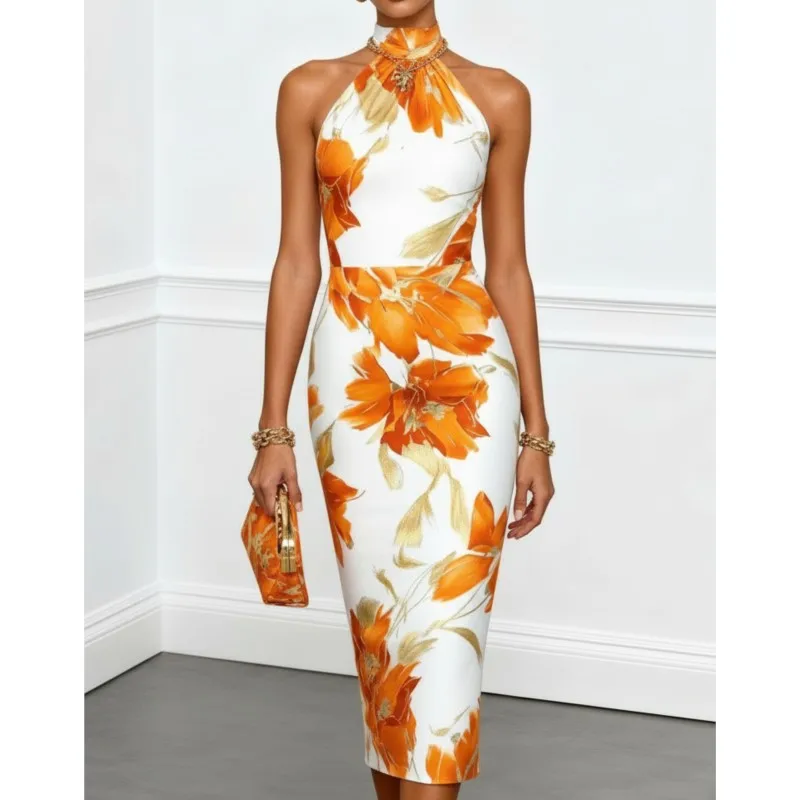 

Summer Vacation Flower Print Slim Dress Halter Strapless Long Dresses Elastic High Waist Slim Fit Party Beach Evening Dress 2026
