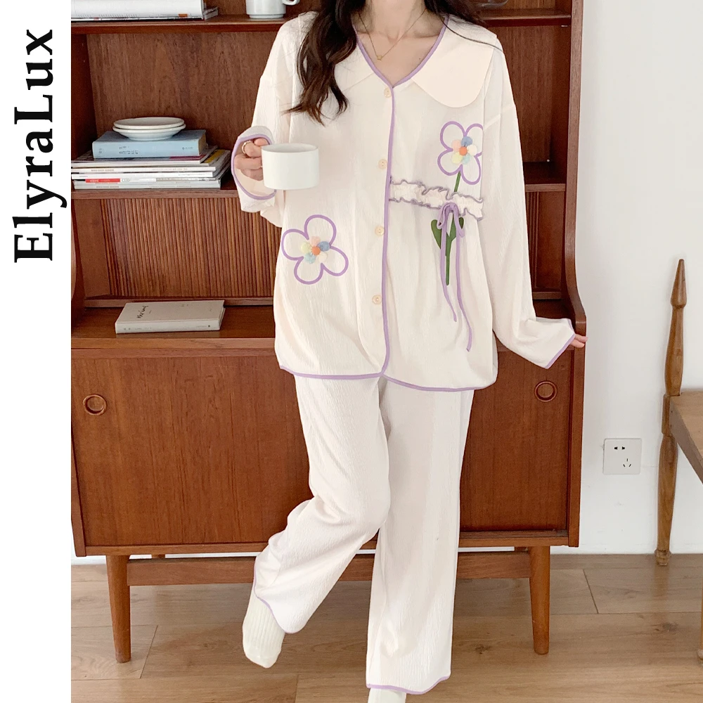 طقم بيجامة نسائي من ElyraLux مطرز بالزهور بتصميم كلاسيكي من القطن الموسلين الناعم بأكمام طويلة لملابس المنزل الربيعية