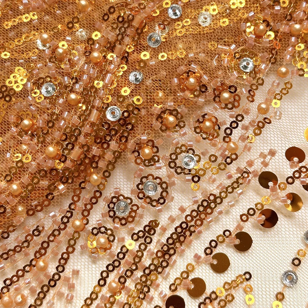 2025 African Heavy beaded lace Fabric Nigerian embroidered sequins French tulle Fabric Sewn Dame gown wedding party dress