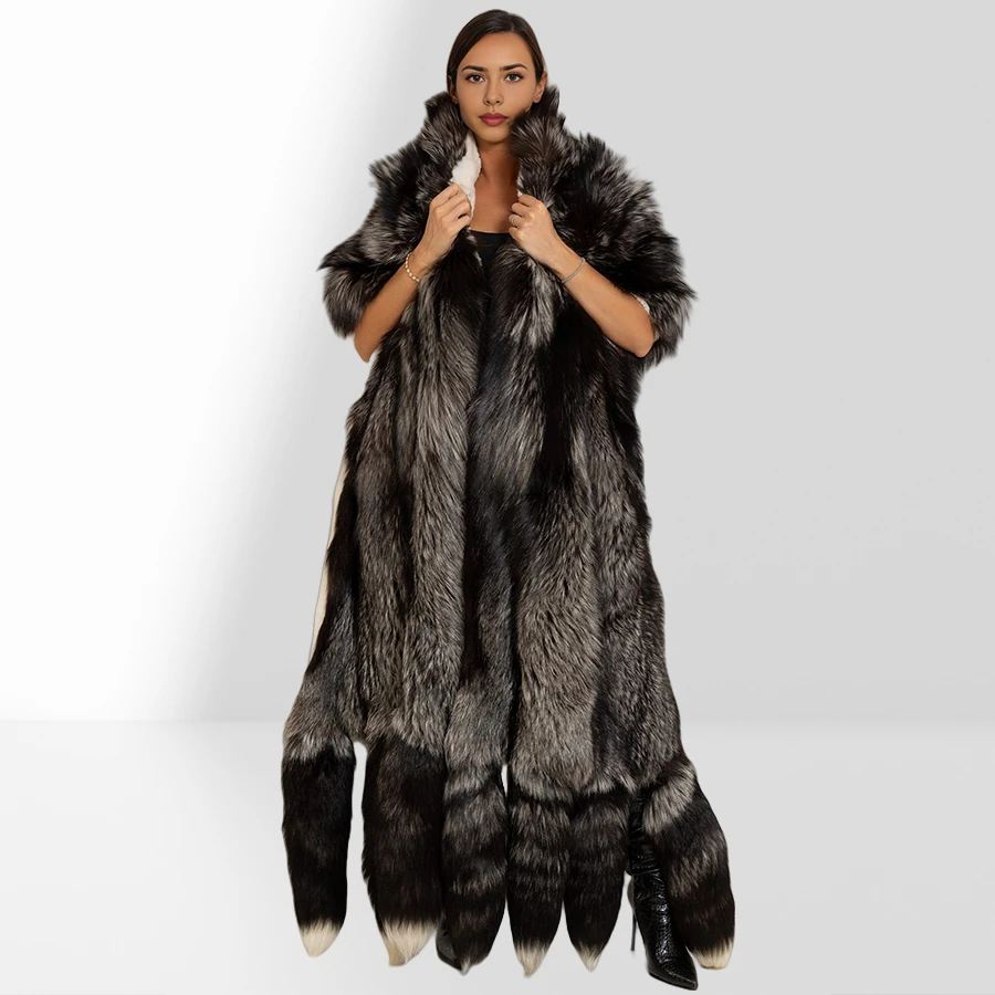 Unisex Double Face Silver Fox & White Rex Boa-Cape With Tails Real Fur Scarf Long Hot Selling Warm Natural Fur Scarf