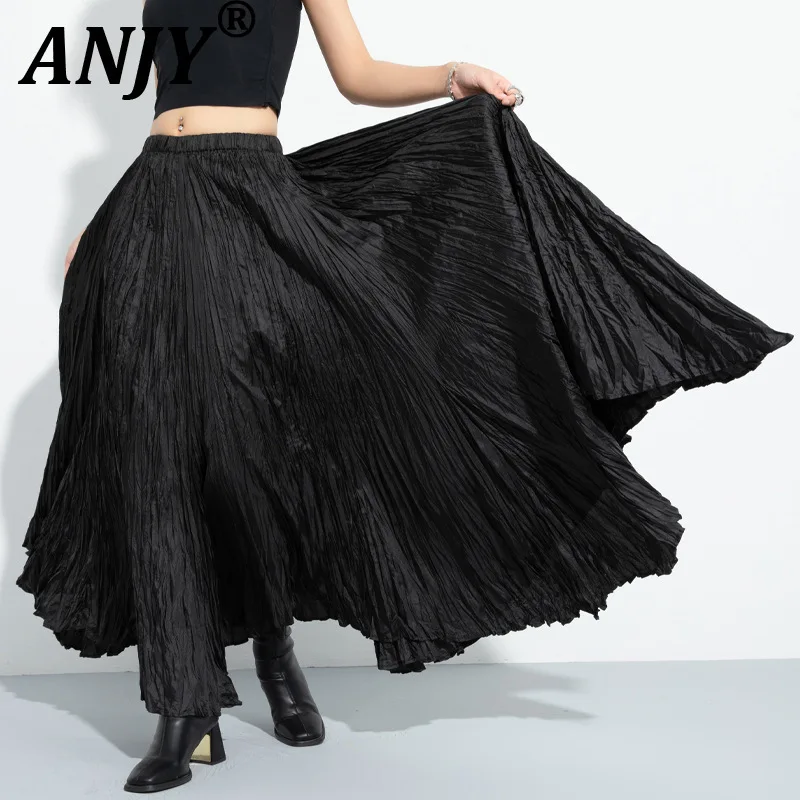 

ANJY Spring Summer New Women Dark Style Heavy Pleated Slim A-line Elastic Waist Skirt Trend Fashion Elegant Casual Skirts A21484