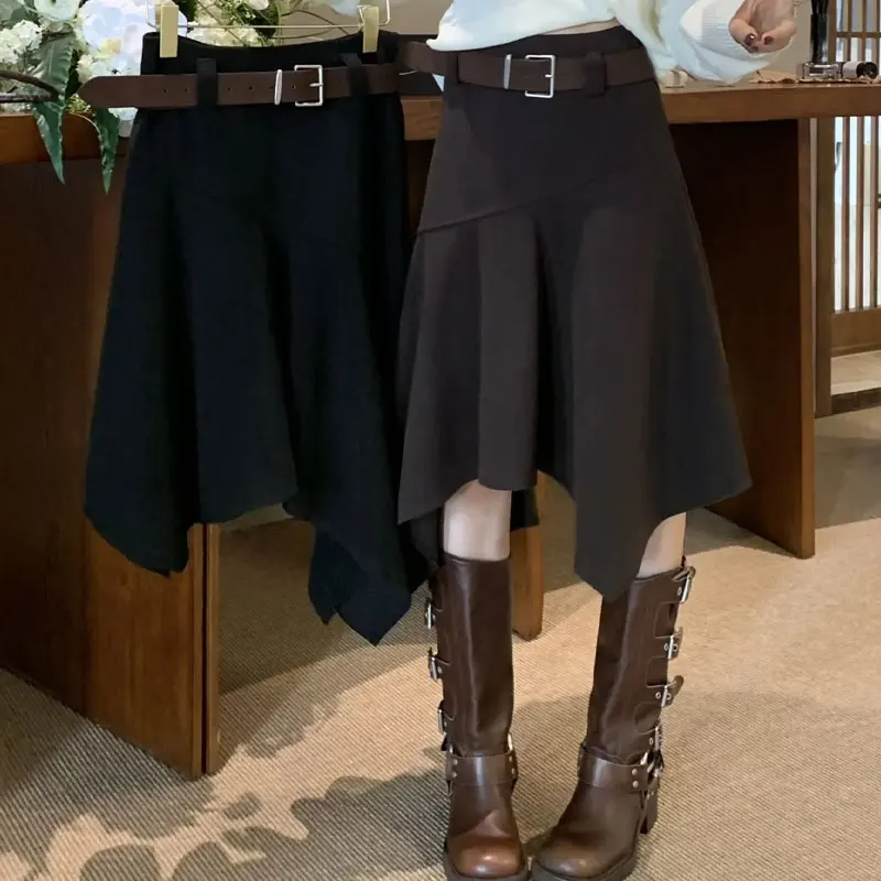 

Spring Autumn Irregular Knee Skirts American Vintage A-Line Female Clothing High Waist Stylish Asymmetrical Sashes Basic Skirts