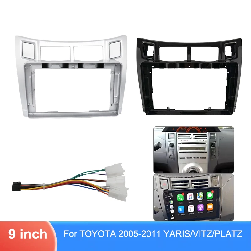 For Toyota Yaris Vitz Platz 2005-2011 9 Inch Center Console Panel Silver Black with Optional Wiring Harness