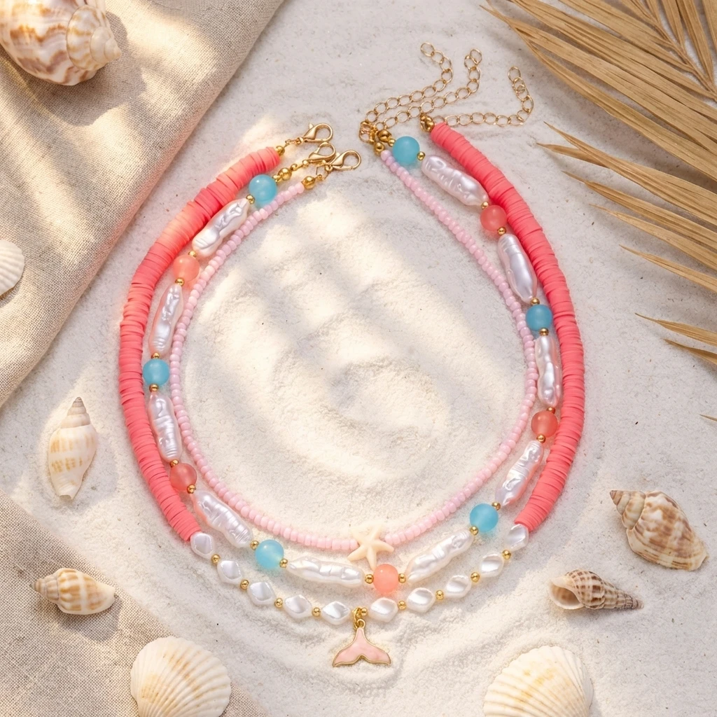 Böhmische Strandmuschel-Perlenkette für Frauen, handgefertigte Imitationsperlen-Kette mit Seestern-Anhänger, Urlaubsparty-Schmuck – Detail 4