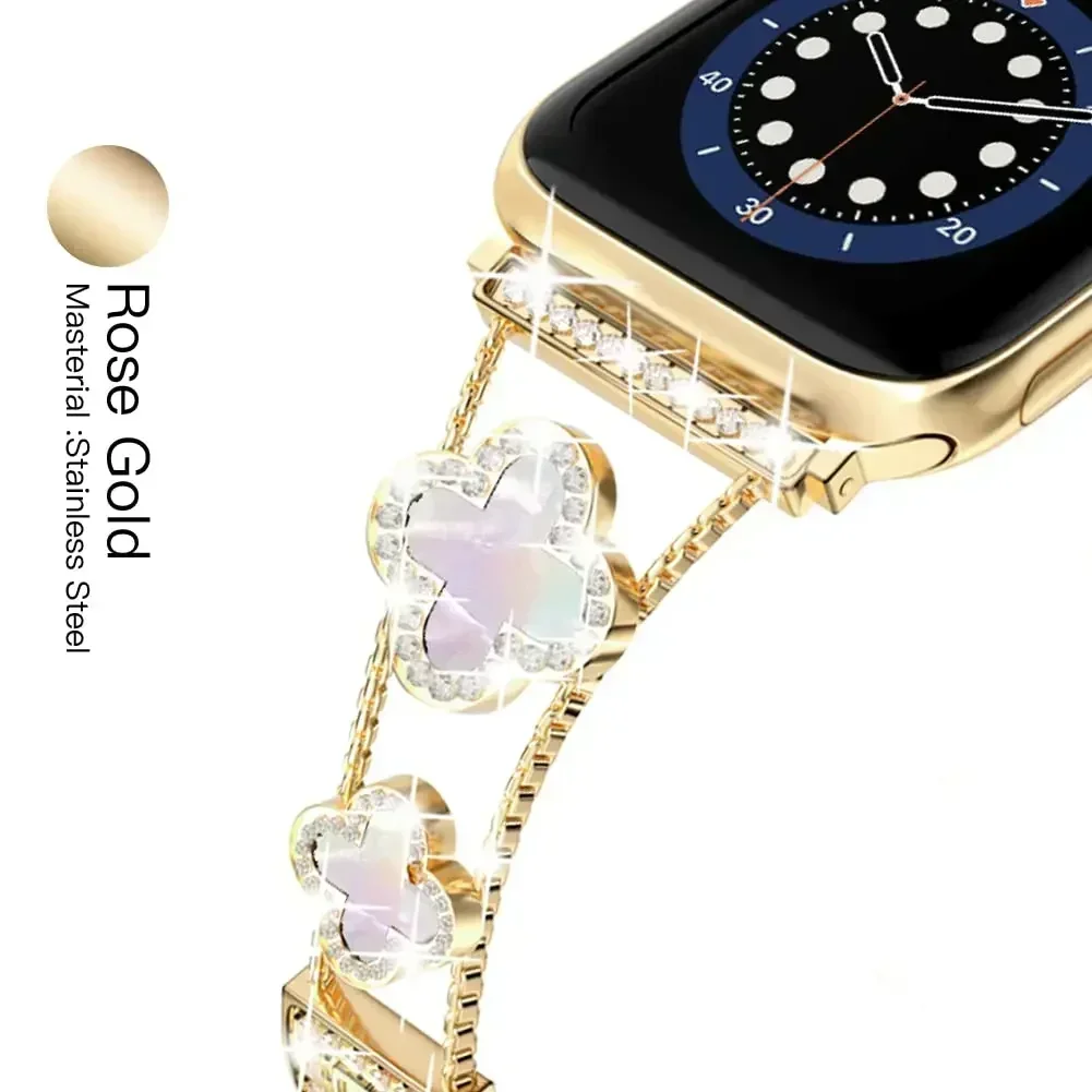 Diamond Four-leaf Clover Metal Strap for Apple Watch Ultra2 Women Band 49/46/45/44/42/41/40/38 Iwatch Series 10 9 8 7 6 Bracelet image 6