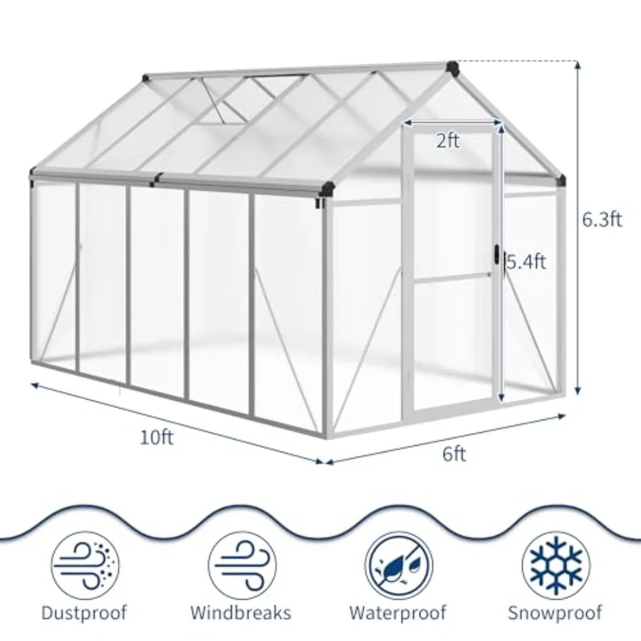 6×10 FT Greenhouse, Large Walk in Greenhouses for Outdoors and Garden Planting, Polycarbonate Greenhouse with Enhanced Aluminum