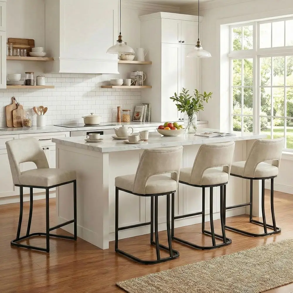 

25.1" Counter Height Bar Stools Set o 4, ern aux Leather Barstools with Back and Metal Leg, or Kitchen Island Dining Room Bar, B