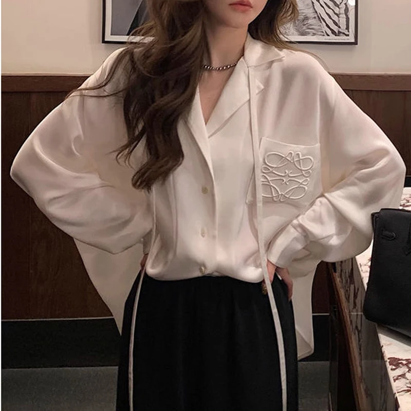 Spring Autumn New POLO Collar Long Sleeve Shirt Women High Street Solid Color Elegant Button Cardigan Embroidered Pockets Tops