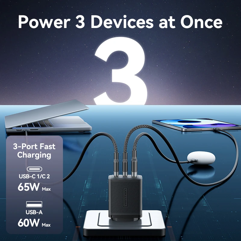 Vention 65 واط GaN شاحن شحن سريع 4.0 3.0 نوع C PD شاحن USB محمول QC4.0 3.0 شاحن سريع لأجهزة الكمبيوتر المحمول IPhone16 15 14 13