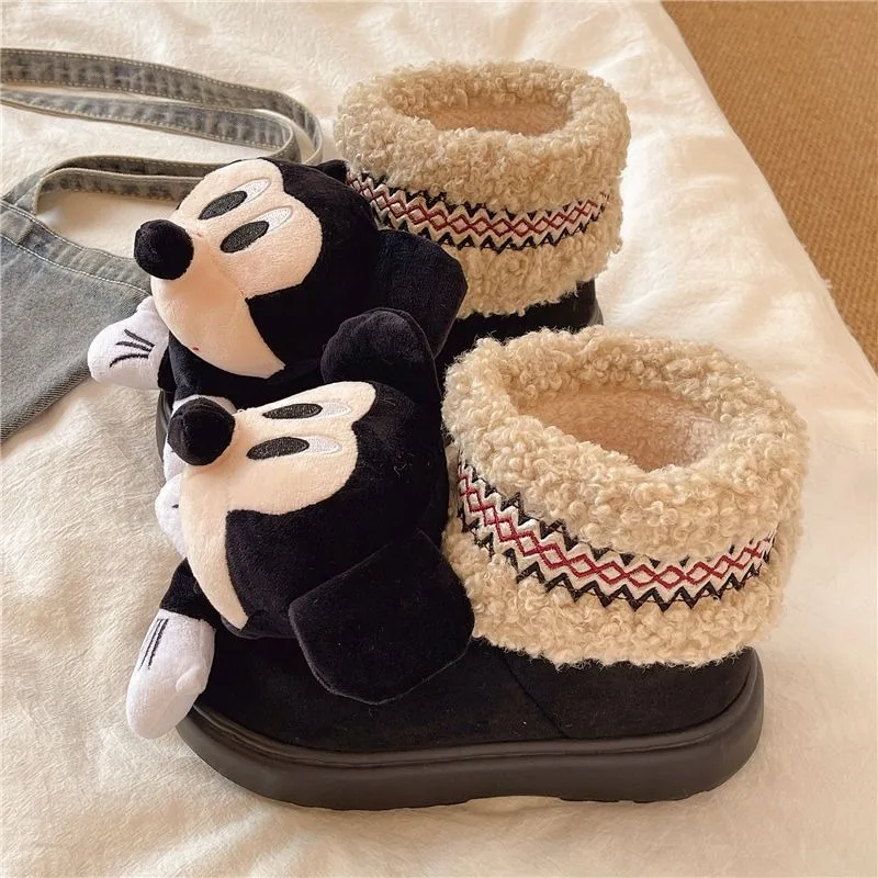 أحذية ديزني كارتونية لطيفة ميكي للثلج للفتيات، أحذية شتوية عصرية بنعل سميك دافئ من القطن، متعددة الاستخدامات ومقاومة للبرد